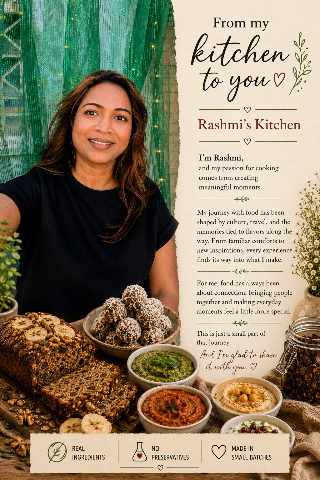 Rashmi in her kitchen surrounded by her creations